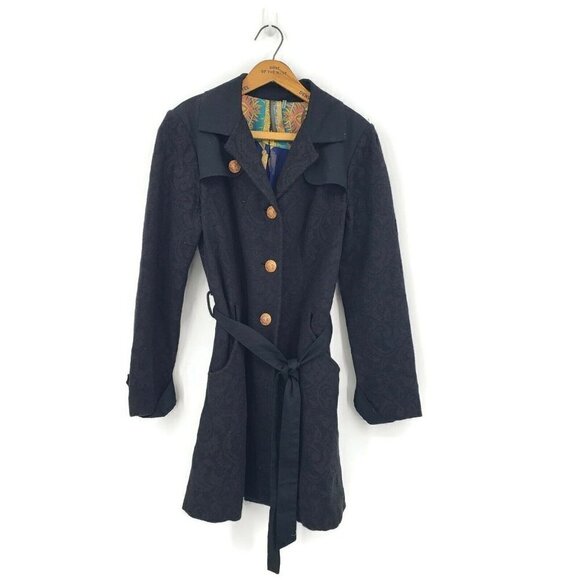 Aratta Silent Journey Jacket Womens Small Black Brocade Blazer Sash Button Up - Picture 1 of 4